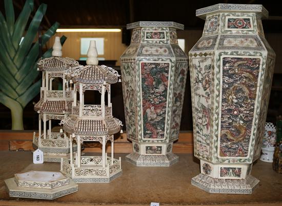 A pair of large Oriental sectional bone pagoda vases, 101cm